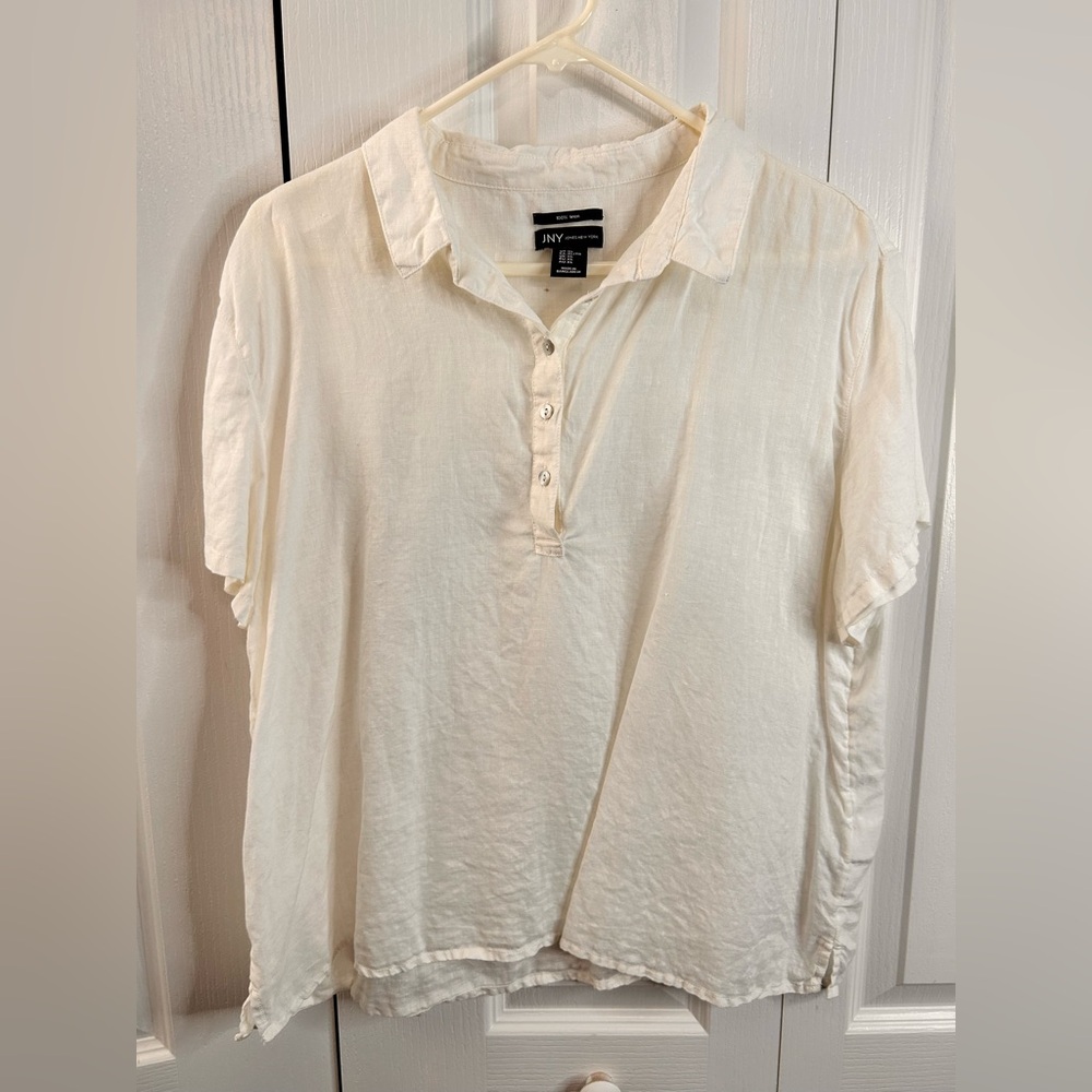 JNY Jones New York 100% Linen Top High/Low Short Sleeve Collared Top Size XL
